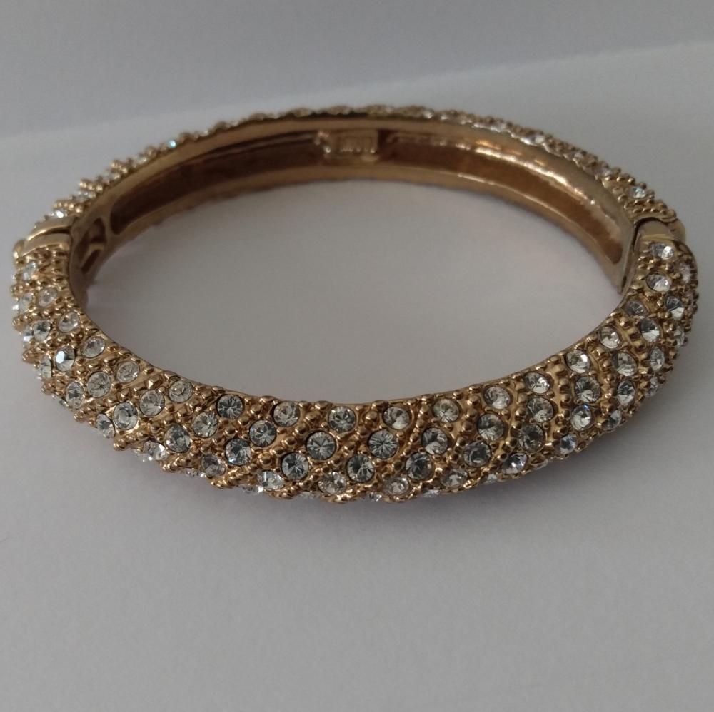 Crystal Clear Rhinestone Hinged Bracelet Gold Tone LANDAU.